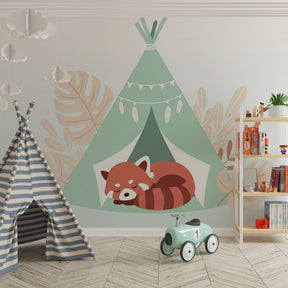 Camping themed wallpaper featuring raccoon under tent in peaceful kids bedroom decor