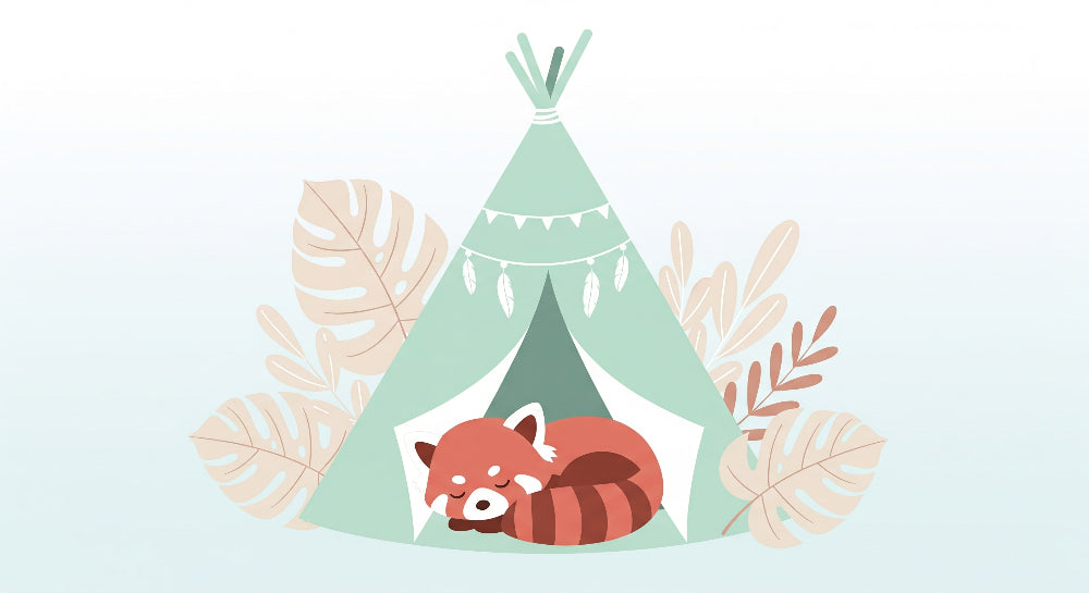 Detailed raccoon camping mural wallpaper design pattern with tent and tropical leaves by Kids-Mundo