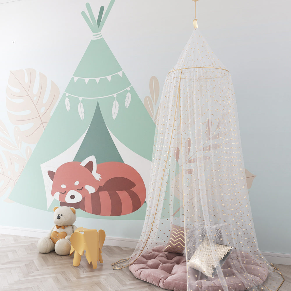 Adventure themed raccoon mural wallpaper creating serene atmosphere in children's room