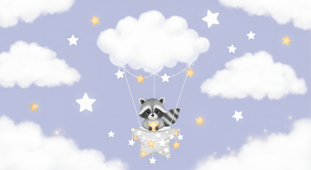 Baby Raccoon Cloud Balloon Wall Mural
