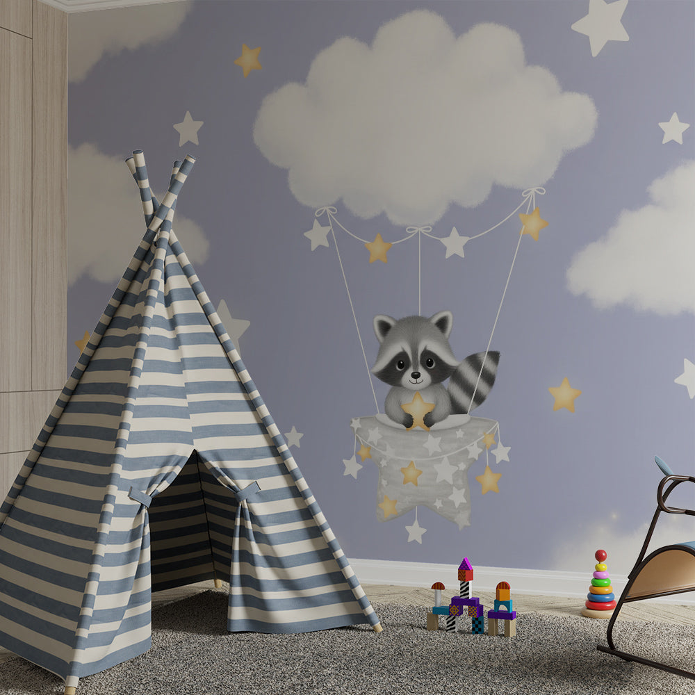 Kids-Mundo baby raccoon wall mural in a soft playroom with cushions and toys