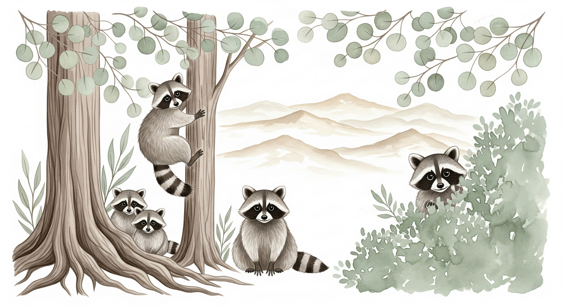 Kids-Mundo watercolour illustration of a raccoon family climbing eucalyptus trees with mountains behind