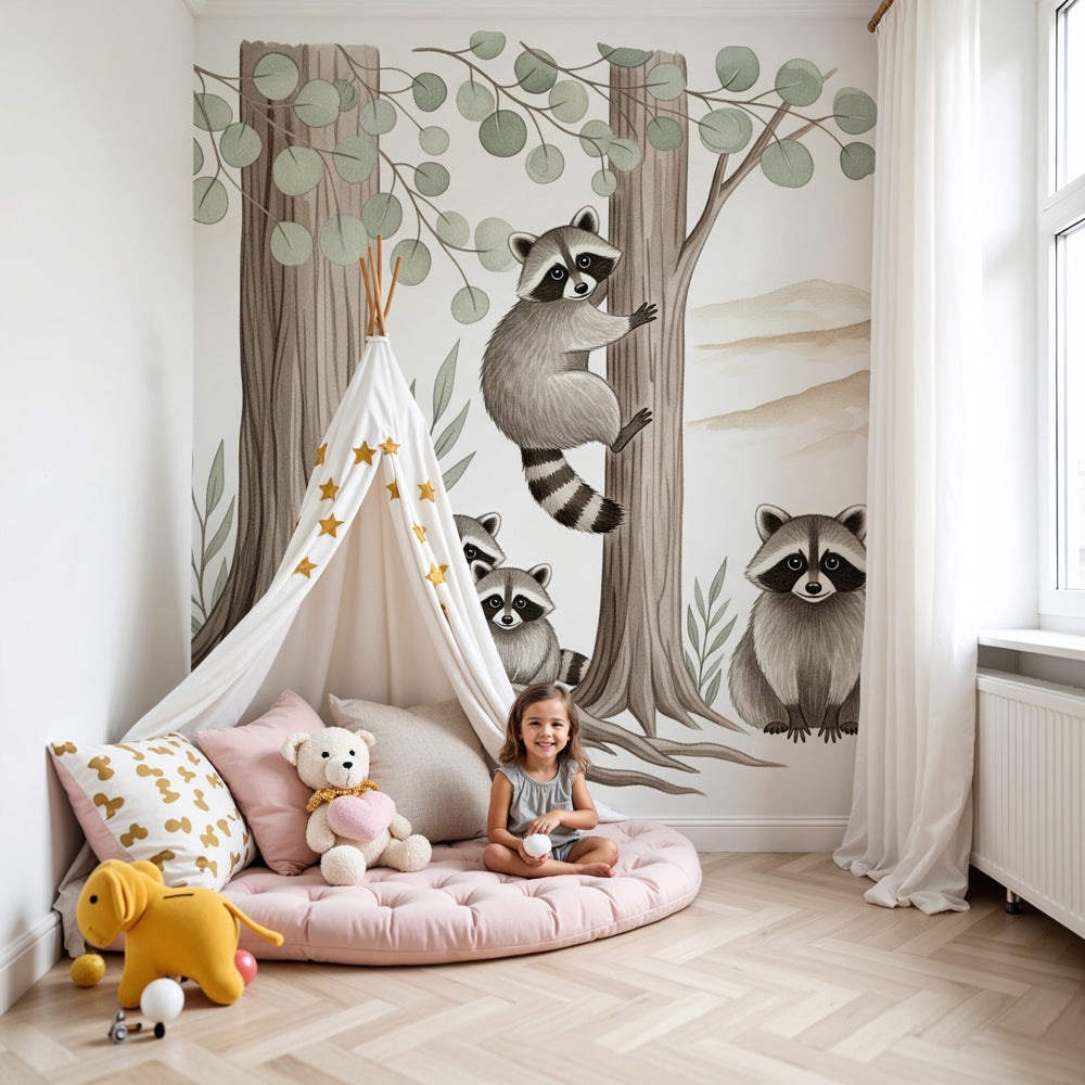 Kids-Mundo raccoon family wall mural with eucalyptus trees behind a cot in a green nursery