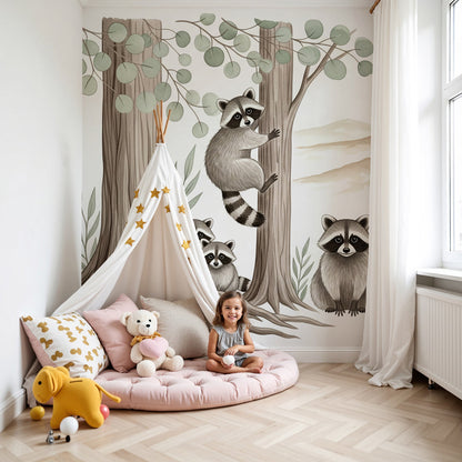 Kids-Mundo raccoon family wall mural with eucalyptus trees behind a cot in a green nursery