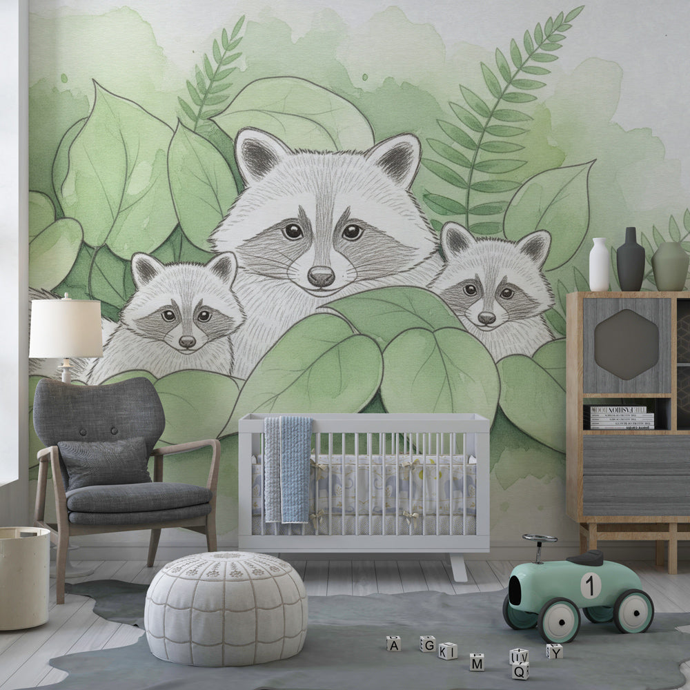 Nature forest mural wallpaper with raccoons in modern kids bedroom setting