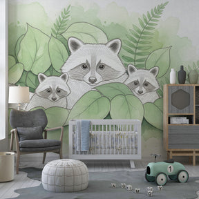 Nature forest mural wallpaper with raccoons in modern kids bedroom setting