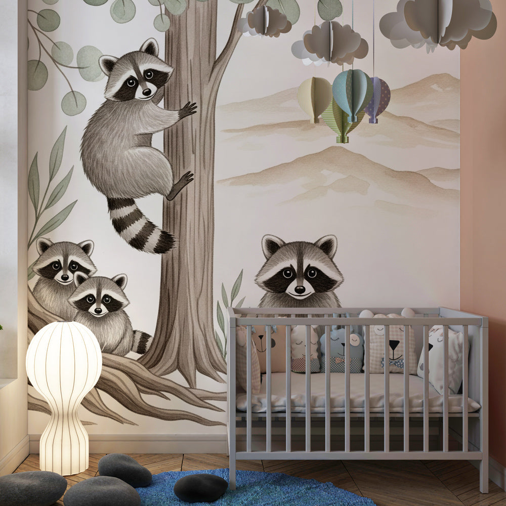 Forest animal wallpaper with raccoons decorating cozy children's bedroom with natural wood furniture