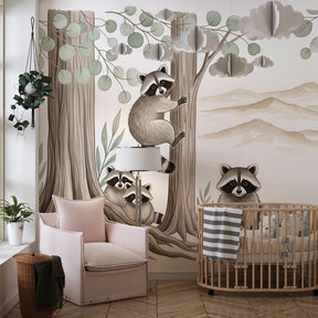 Woodland raccoon wallpaper transforming kids playroom into enchanting forest adventure space