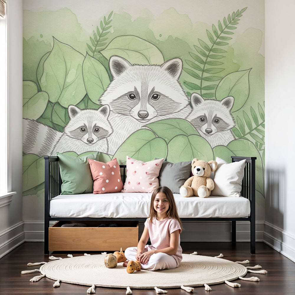 Raccoon family mural wallpaper creating woodland themed nursery decor by Kids-Mundo