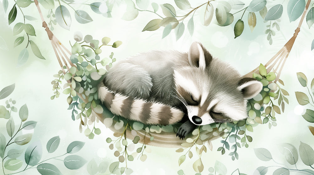 Detailed raccoon in hammock forest mural wallpaper design pattern by Kids-Mundo