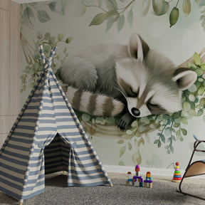 Woodland raccoon wallpaper creating peaceful atmosphere in children's bedroom decor