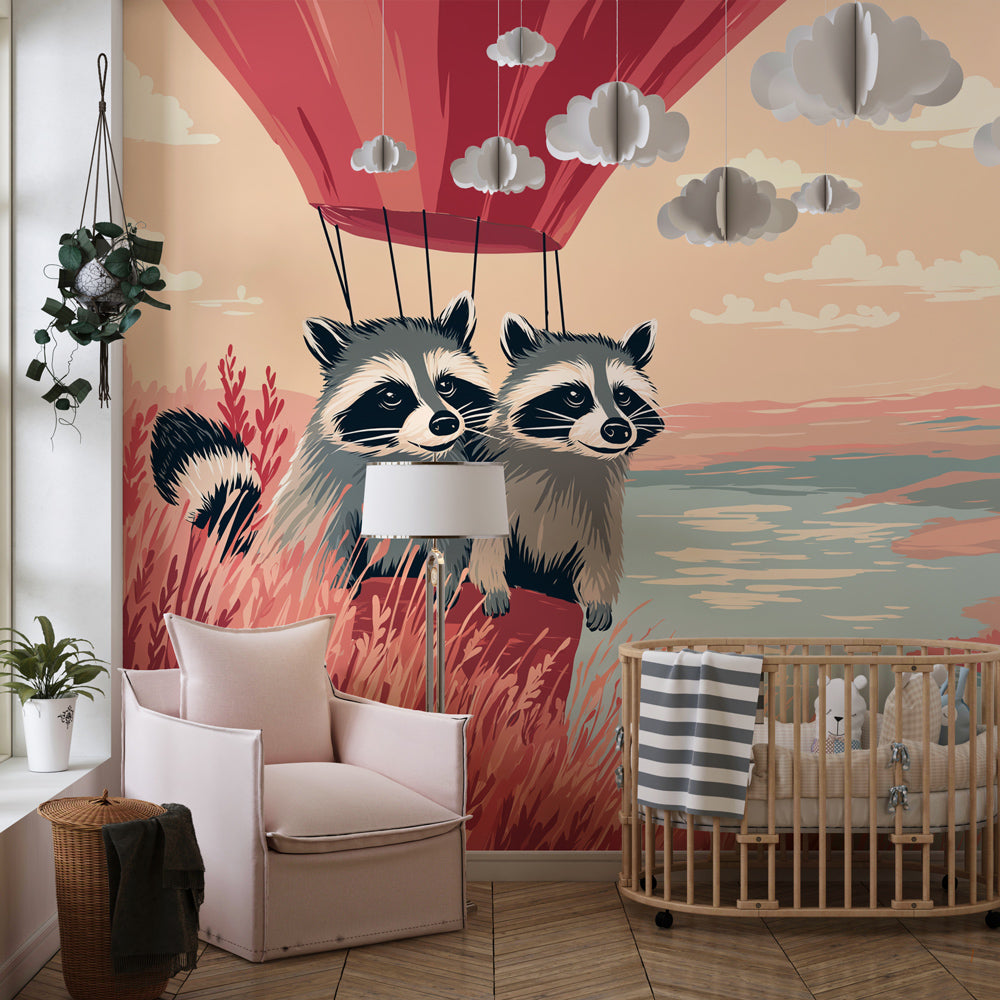 Kids-Mundo raccoon hot air balloon wall mural in a children's bedroom setting