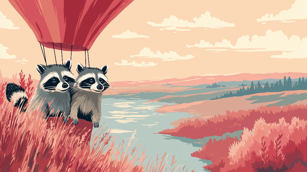 Two Raccoons and a Red Hot Air Balloon Wall Mural