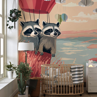 Kids-Mundo raccoon hot air balloon wall mural in a playroom feature wall
