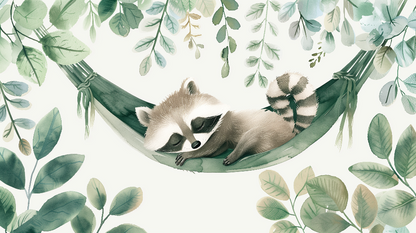 Kids-Mundo flat artwork of a sleeping raccoon curled up in a leafy woven hammock