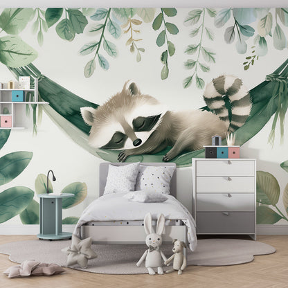Kids-Mundo forest raccoon wall mural displayed on a leafy, calm playroom wall