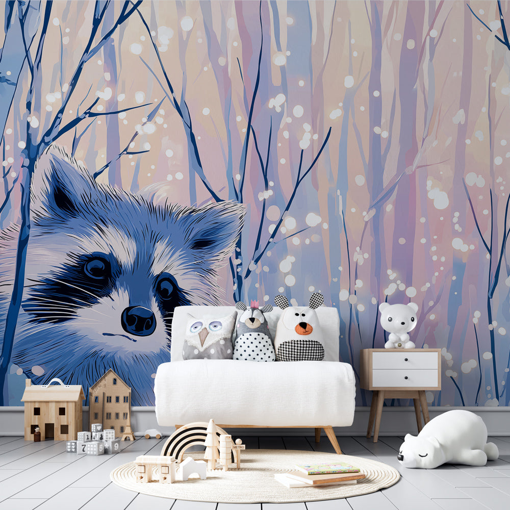 Winter raccoon mural wallpaper creating magical atmosphere in children's bedroom with soft lighting