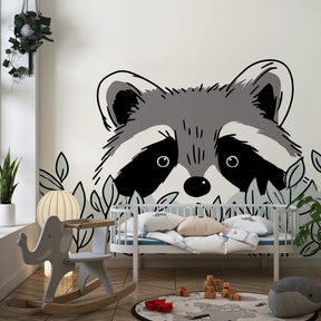 Forest raccoon wallpaper in modern kids bedroom with natural wood furniture by Kids-Mundo