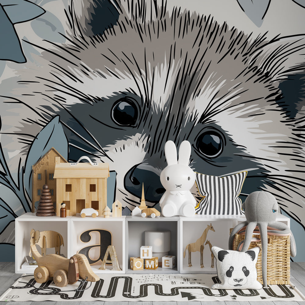 Soft blue and gray raccoon wallpaper transforming kids room into forest sanctuary