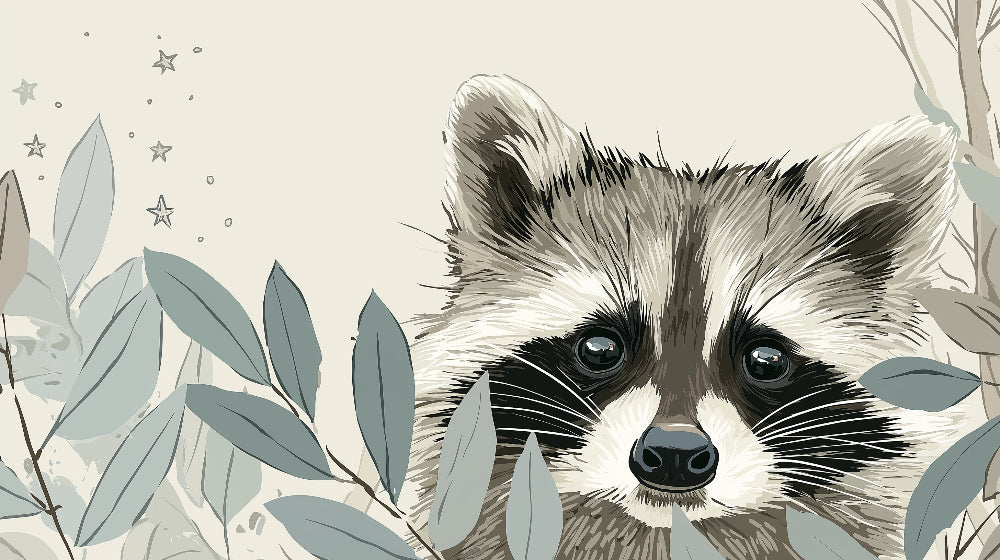 Detailed raccoon mural wallpaper design pattern showing curious forest animal among delicate leaves by Kids-Mundo