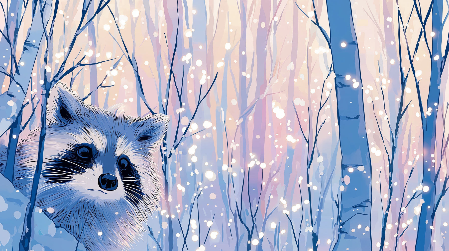 Detailed winter raccoon mural wallpaper design pattern showing snow-covered forest scene by Kids-Mundo