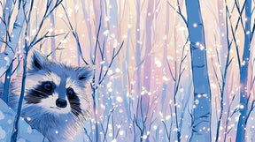 Detailed winter raccoon mural wallpaper design pattern showing snow-covered forest scene by Kids-Mundo
