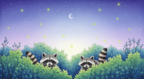 Detailed raccoon forest mural wallpaper design pattern with starry night sky by Kids-Mundo