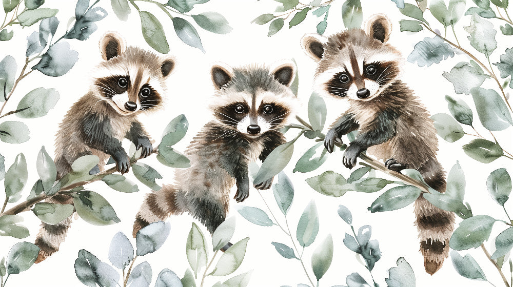 Detailed raccoon trio forest mural wallpaper design pattern by Kids-Mundo