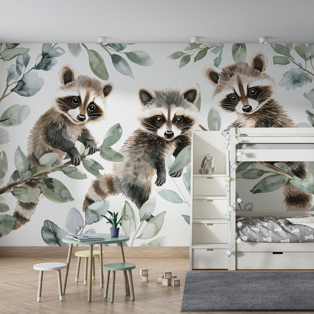 Three raccoons on branches mural wallpaper for peaceful children's room decor