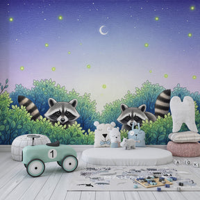 Woodland raccoon mural wallpaper creating magical forest nursery decor with purple starry sky