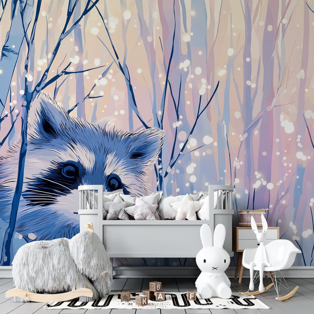 Curious raccoon winter forest mural wallpaper displayed in modern kids room setting by Kids-Mundo