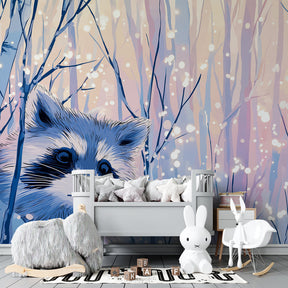 Curious raccoon winter forest mural wallpaper displayed in modern kids room setting by Kids-Mundo