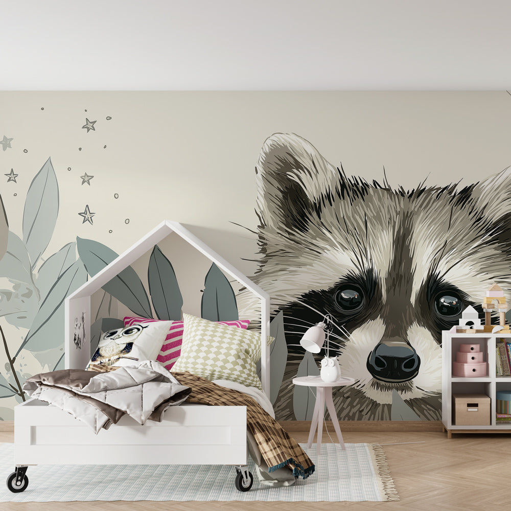 Forest animal mural wallpaper featuring adorable raccoon among leaves for kids room by Kids-Mundo