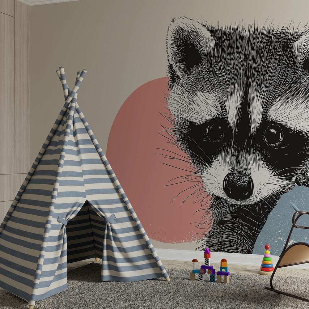 Woodland raccoon wallpaper transforming modern children's bedroom with pastel colors