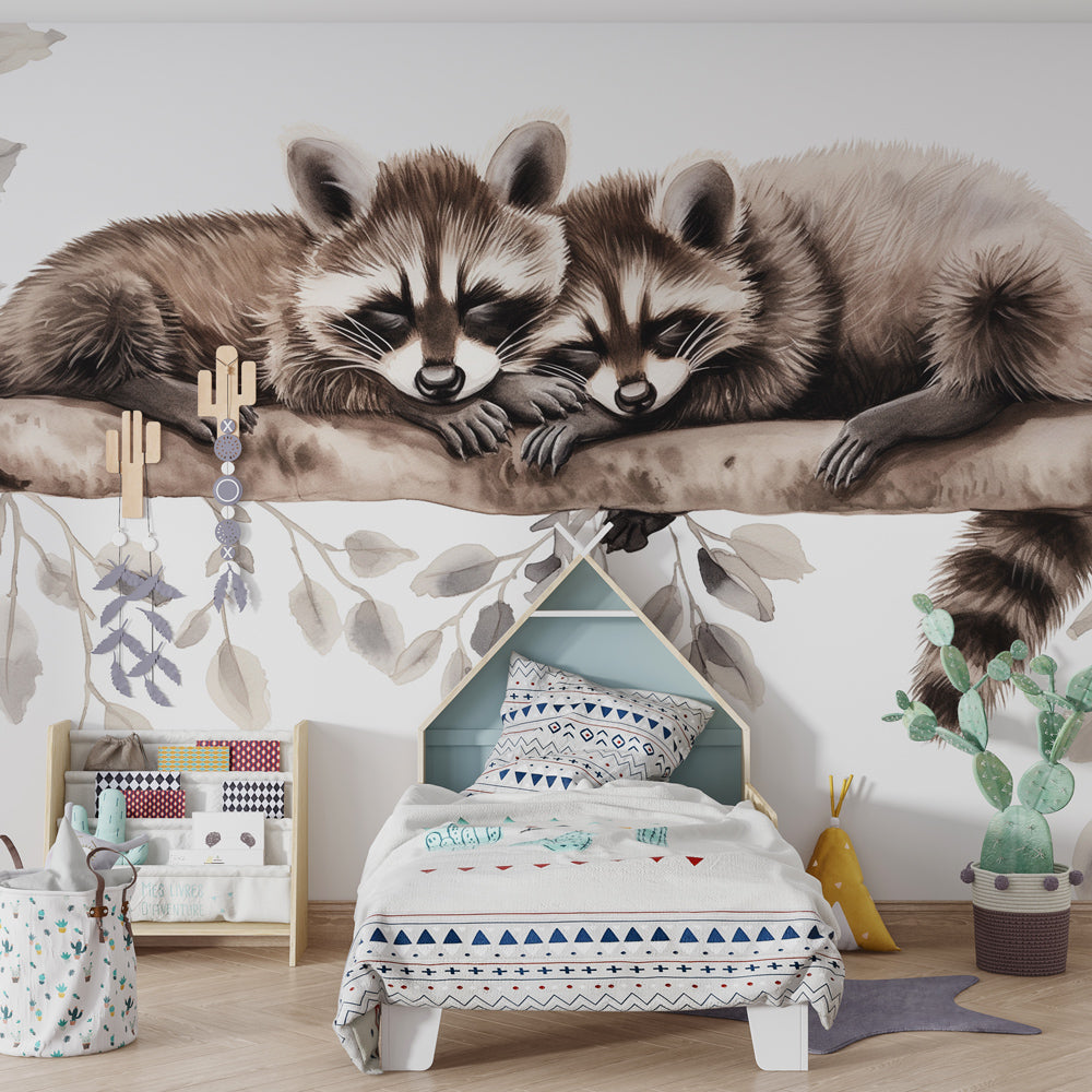 Forest animal raccoon wallpaper creating peaceful woodland atmosphere in children's bedroom