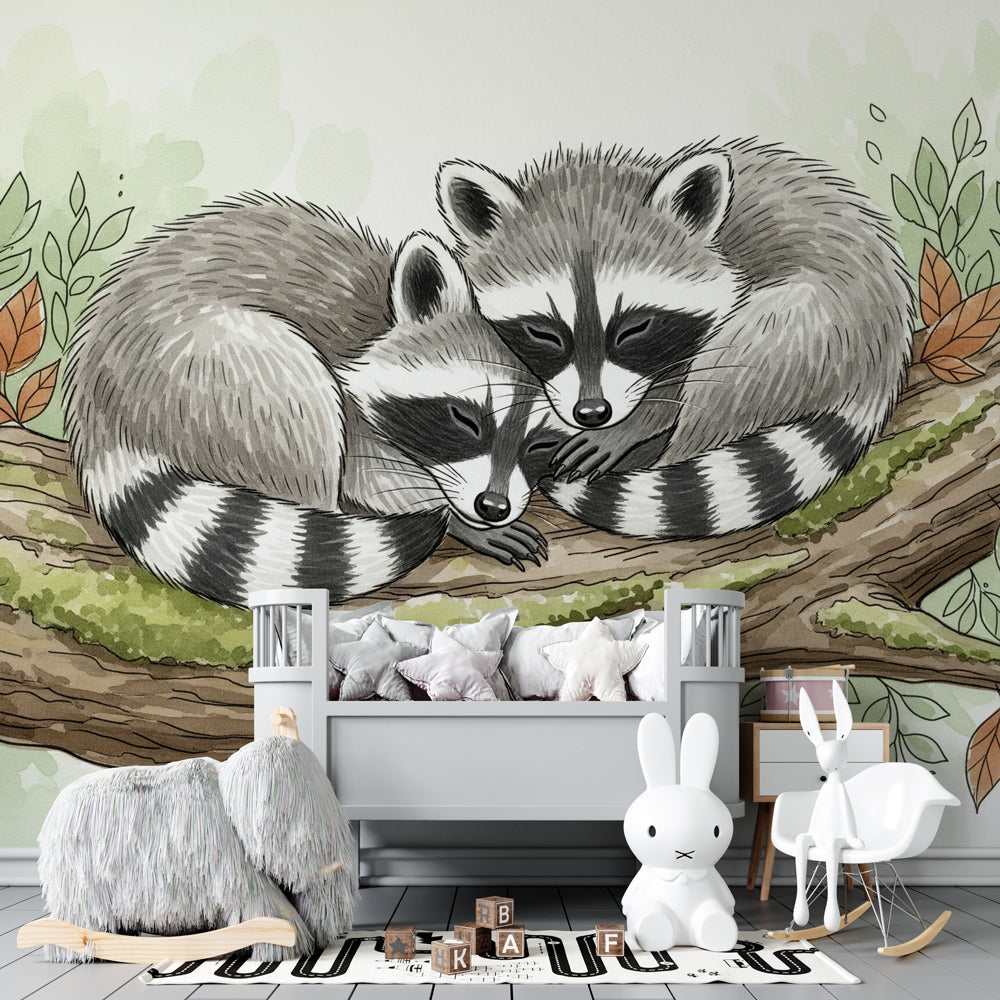 Nature-themed raccoon wallpaper with autumn leaves in cozy kids room setting by Kids-Mundo