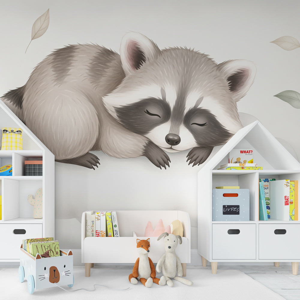 Animal theme mural wallpaper with sleeping raccoon for children's room decor