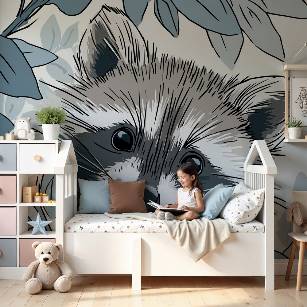Raccoon mural wallpaper in modern nursery with natural wood furniture by Kids-Mundo