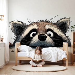 Curious raccoon mural wallpaper in modern nursery setting by Kids-Mundo