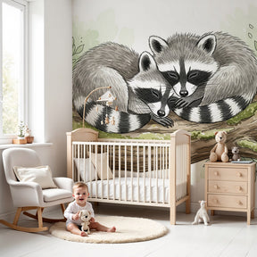 Raccoon mural wallpaper in modern nursery with wooden crib and natural decor by Kids-Mundo