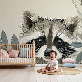 Raccoon mural wallpaper creating enchanting woodland nursery decor with forest animal theme by Kids-Mundo