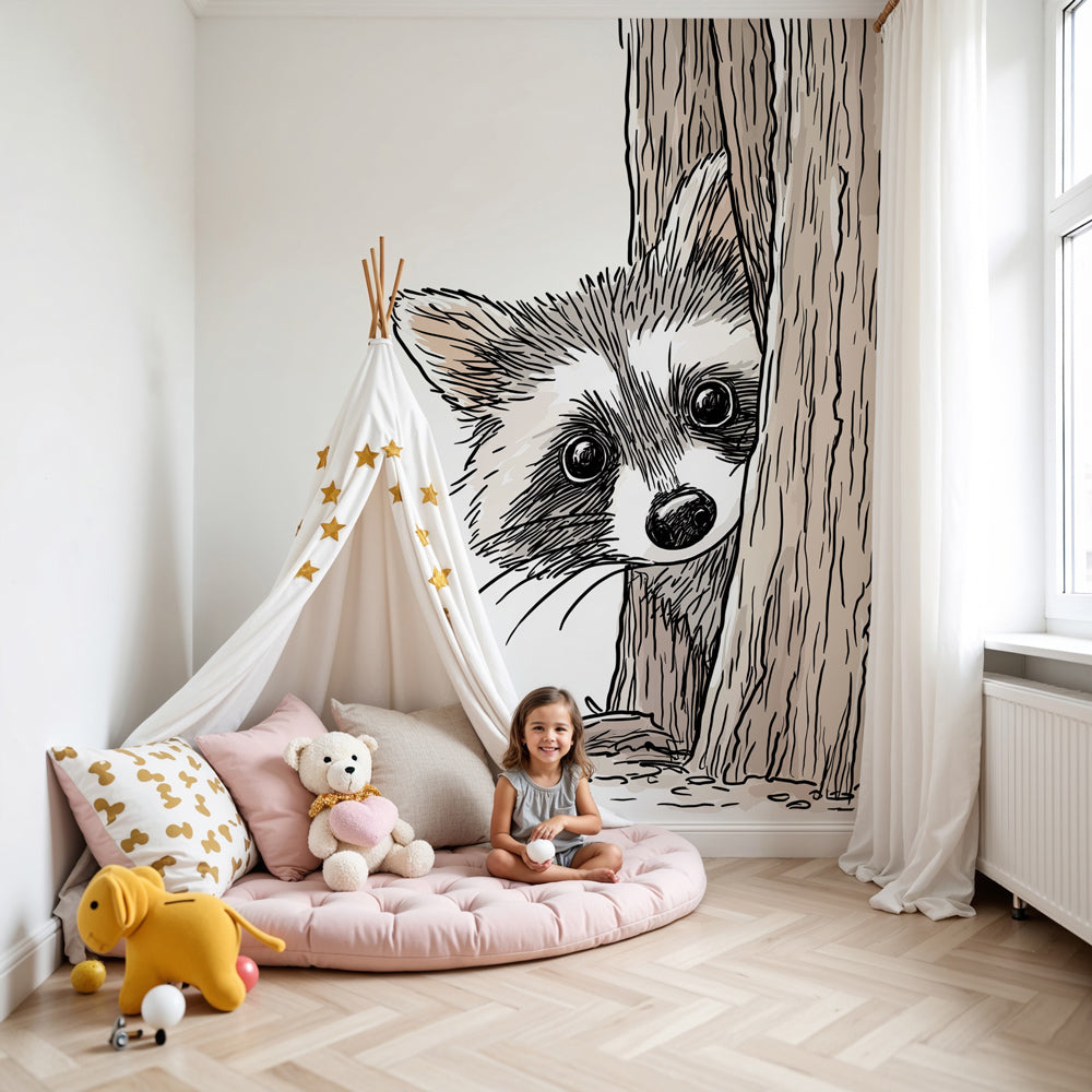 Raccoon mural wallpaper in modern nursery with woodland theme decor by Kids-Mundo