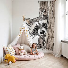 Raccoon mural wallpaper in modern nursery with woodland theme decor by Kids-Mundo