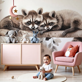Sleeping raccoon mural wallpaper in cozy nursery with natural wood furniture by Kids-Mundo