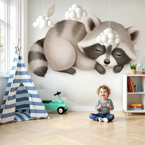 Sleeping raccoon on cloud mural wallpaper in neutral nursery room by Kids-Mundo