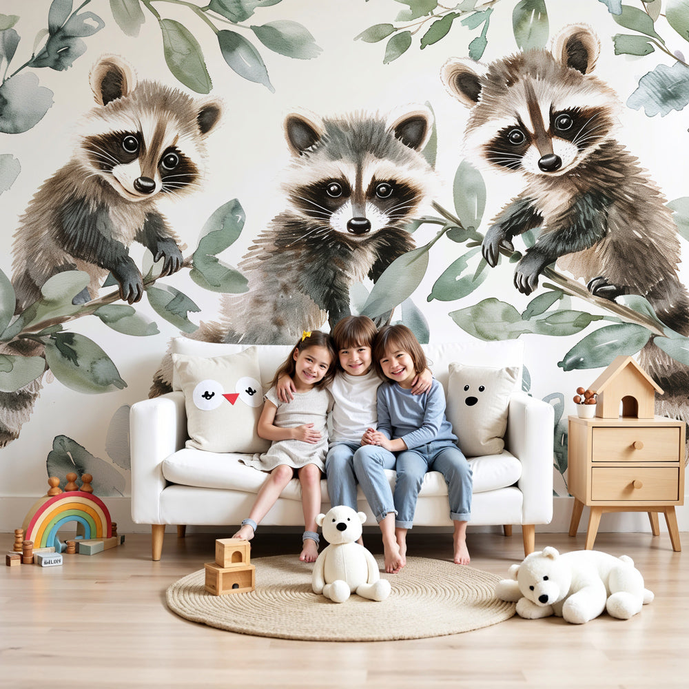 Raccoon forest mural wallpaper in modern nursery with wooden crib by Kids-Mundo