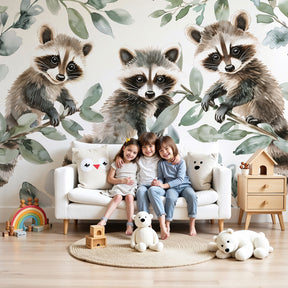 Raccoon forest mural wallpaper in modern nursery with wooden crib by Kids-Mundo