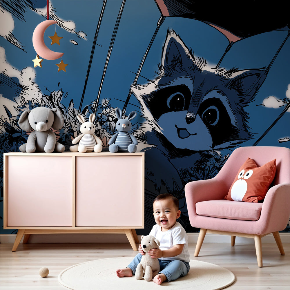 Raccoon sky adventure mural wallpaper in modern nursery with white crib by Kids-Mundo