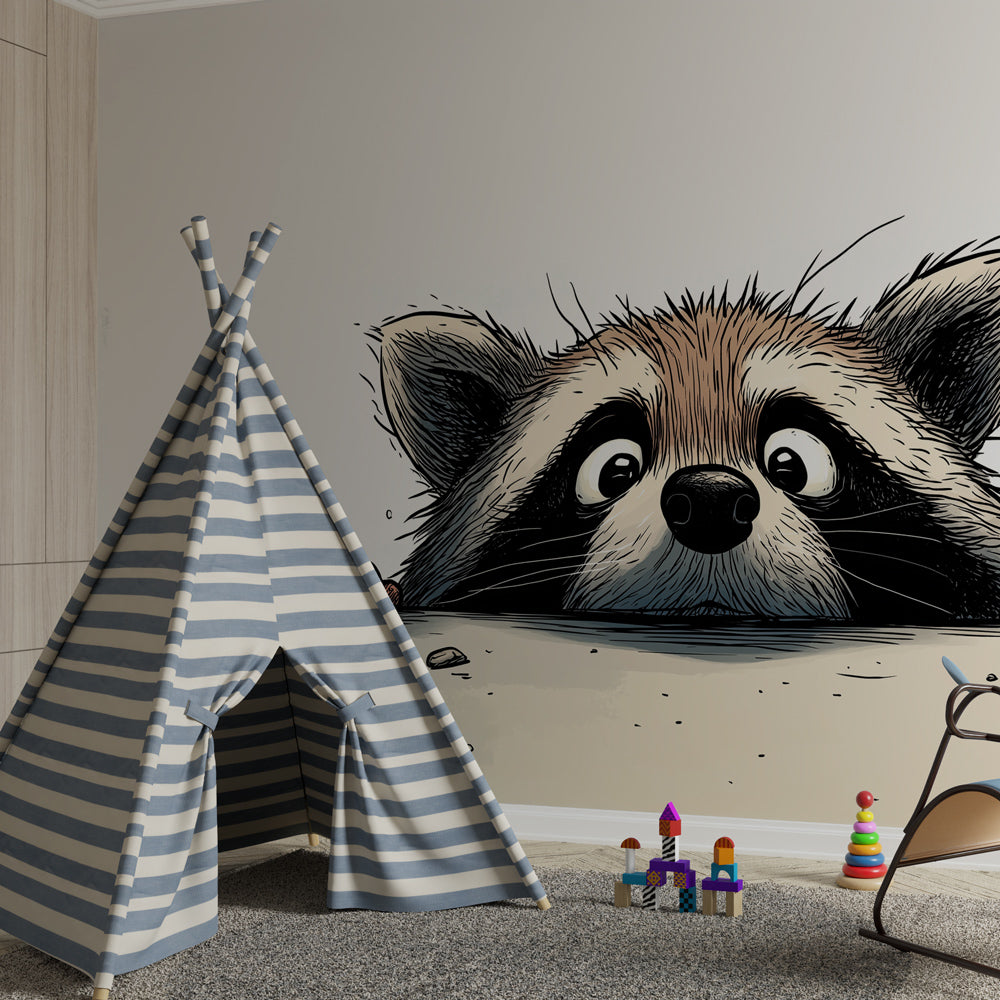 Animal-themed raccoon mural wallpaper transforming children's playroom space