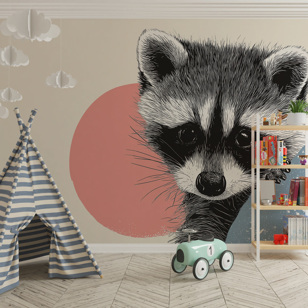 Charming raccoon mural wallpaper for kids playroom with contemporary woodland theme